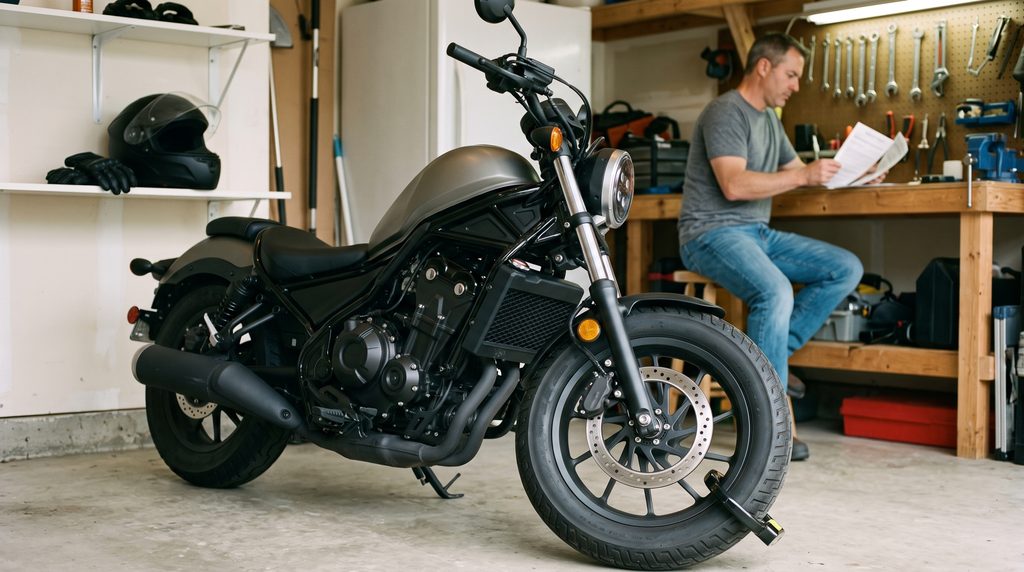 A rider reviewing policy paperwork for discount motorcycle insurance beside a secured bike in a garage