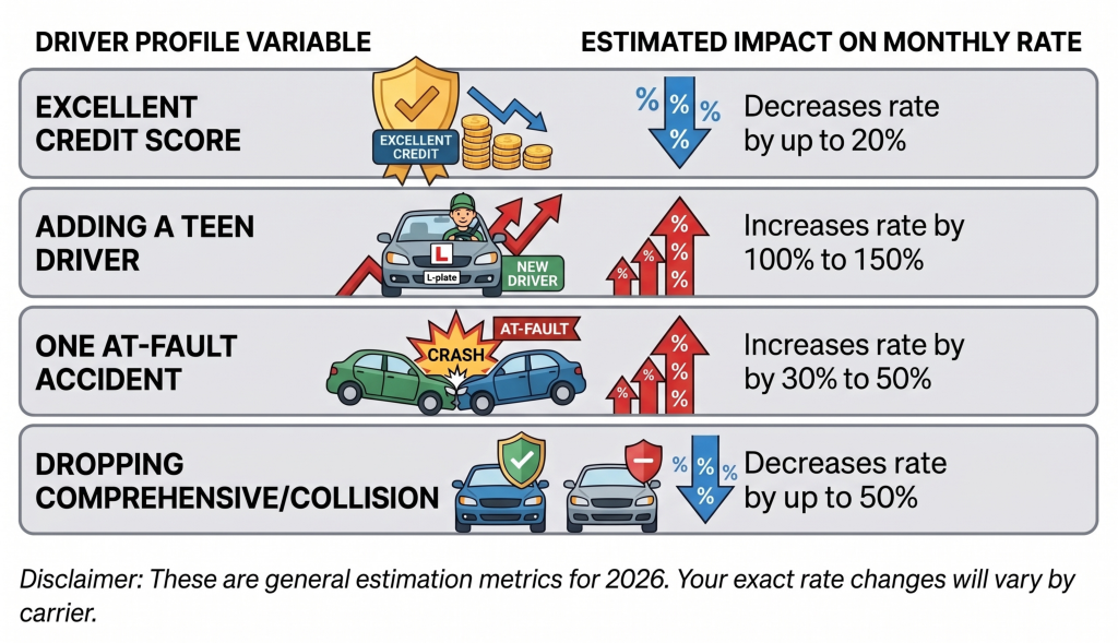 Chart comparing rate impact for driver profile variables including at-fault accidents